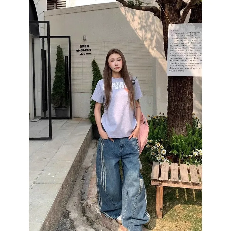 อเมริกัน High Street แนวตั้งผู้หญิงกางเกงยีนส์ลาย Micro Flared เอวสูงหลวม Fit Slimming และกางเกงขากว้างอเนกประสงค์