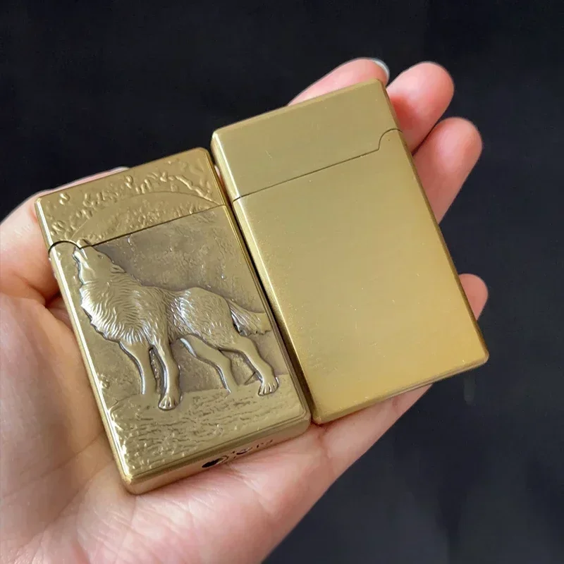 Vintage Collection Engraved Wolf Metal Lighter Butane Cigarette Accessories Windproof Refillable Gas Jet Lighter Gadget Men Gift