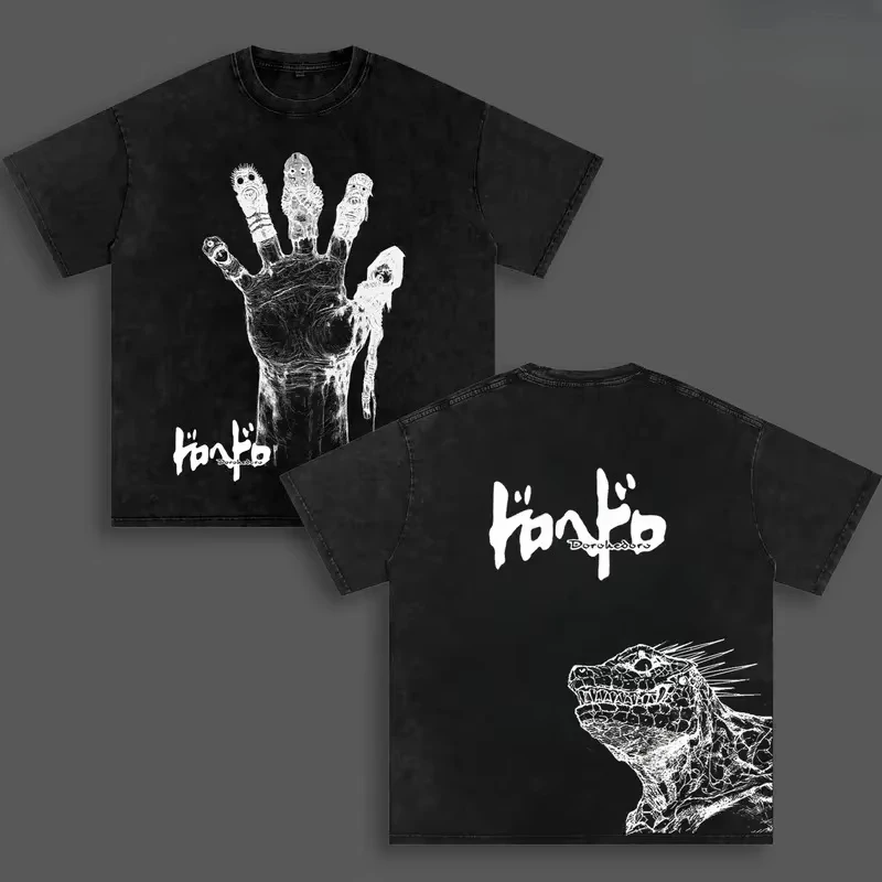Anime Dorohedoro Nikaidou Graphic Print T-Shirt Men Women Retro Washed Caiman En Nikaidou Streetwear Oversized O-neck Cotton Top