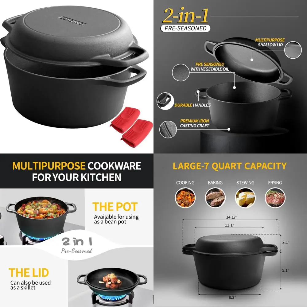 

2-in-1 Pre-Seasoned Cast Iron Dutch Oven Pot with Skillet Lid Cooking Pan, Cast Iron Skillet Cookware Pan Set with Dual Handles