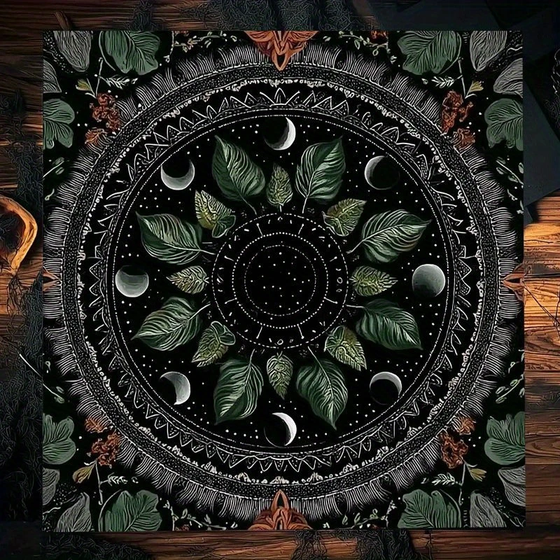 1pc Mystical Tarot Altar Cloth with Moon Phases, Leaves & Floral Design - Polyester Tablecloth for Divination, Tarot Readings