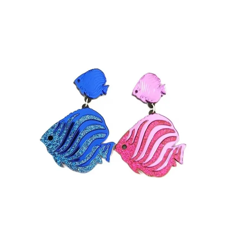 KUGUYS-pendientes de espejo de verano con peces tropicales a rayas para mujer, joyería acrílica con purpurina azul, Rosa caliente, accesorios de moda