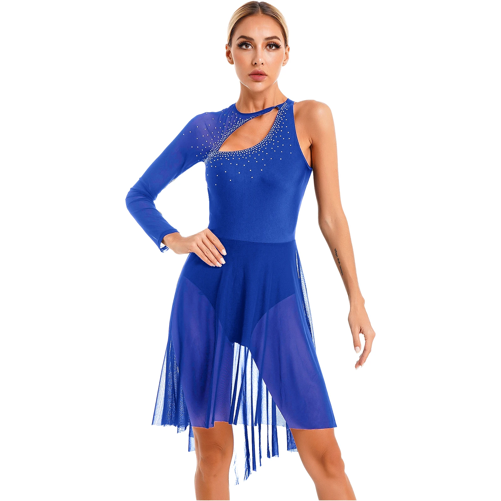 Lyrical Dance Kleid Pailletten Gymnastik Trikot Ballett Dancewear Frauen Schulter Zeitgenössische Leistung Wettbewerb Kostüm