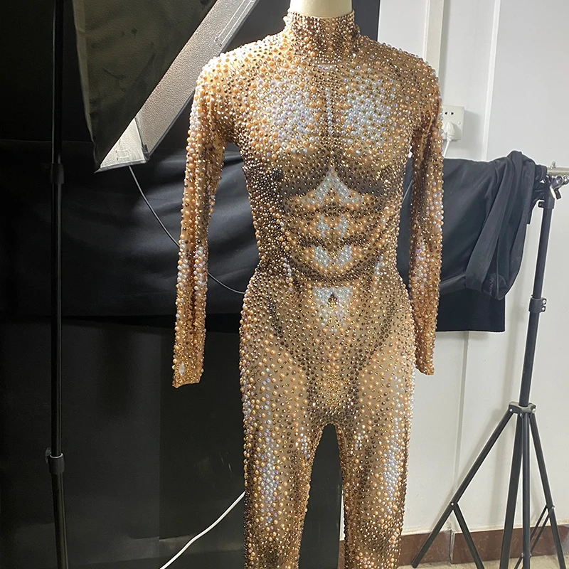 

luxury sparkle rhinestone pearl jumpsuit man Muscle pole dance festival outfit party ​birthday club Male guest stage performance