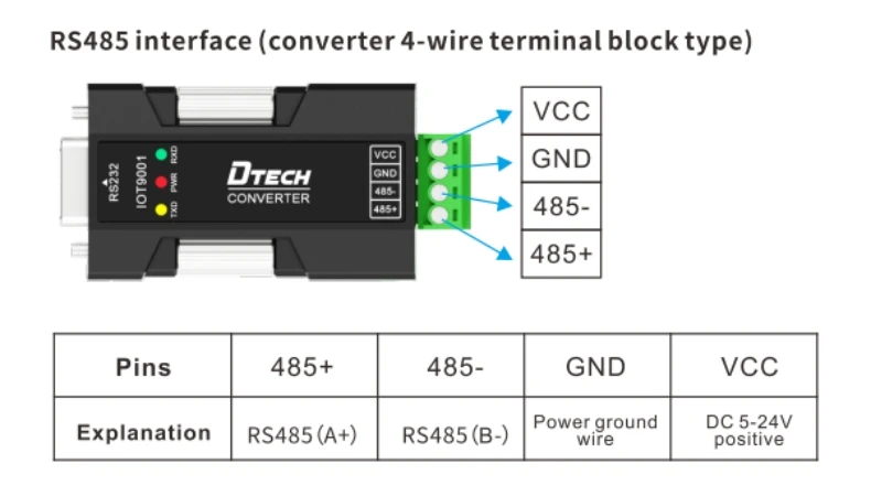 DTECH IOT9001 Convertidor serie industrial con luz indicadora Pasivo RS232 DB9 Orificio a RS485 Convertidor