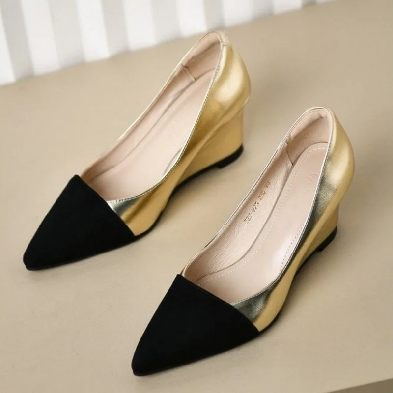 FHANCHU Europea 2023 zeppe in pelle di montone scarpe da lavoro per ufficio, décolleté da donna, tacchi alti, Slip On, punta a punta, oro,