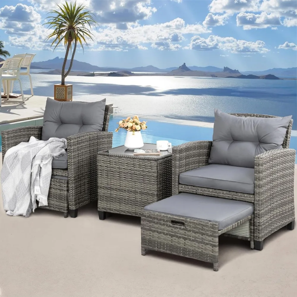 مجموعة أثاث الفناء مكونة من 5 قطع، مجموعة محادثة للفناء الخارجي مع مسند، كراسي خارجية من الروطان لجميع الأحوال الجوية مع