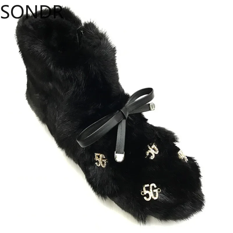 Womens Round Toe Rainbow Diamond Real Mink Fur Ankle Boots Snow Warm Winter Shoes Thick Furry Black Luxury New 2024