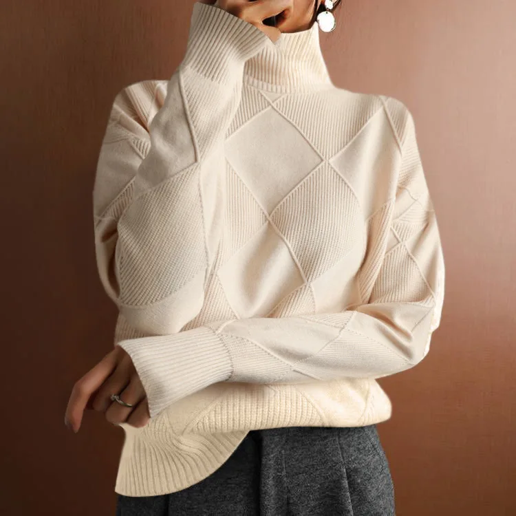 Women Turtleneck Sweaters Full Sleeve Pullovers Spliced Thick Sweater Lozenge Elegant Lady Solid Outwear Warm Winter 2024