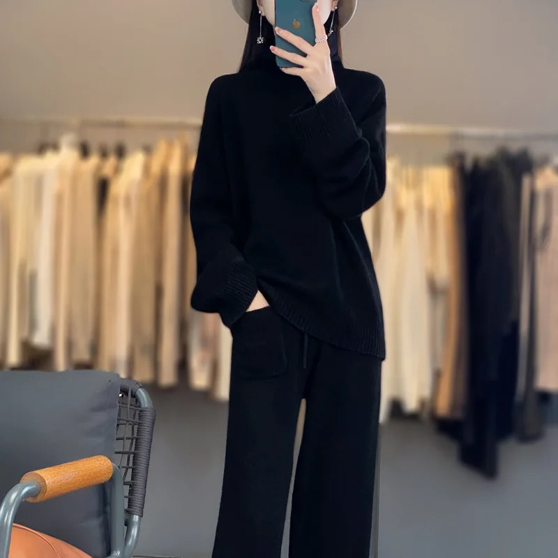 Women\'s Suit 23 Fall-Winter New 100% Merino Wool Turtleneck Pullover Fashion High Waist Wide Leg Pants Knit Two Piece Large Size