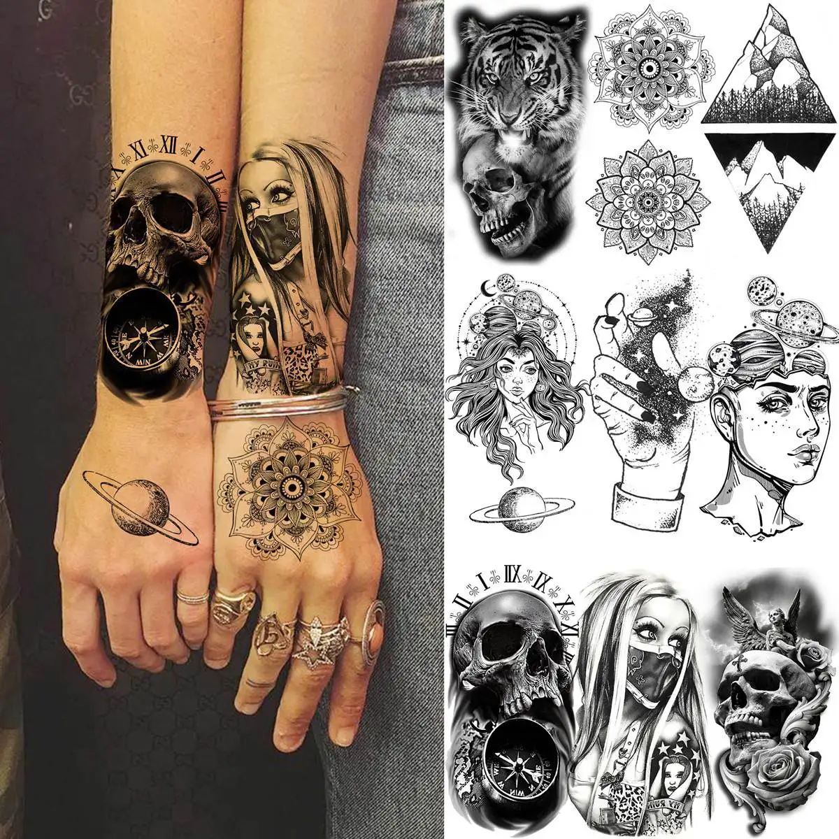

52 Sheets Black Skull Temporary Tattoos For Men Women Arm Neck Tattoos Paste Fake Small Flower Mountain Snake Animals 3D Tattoos