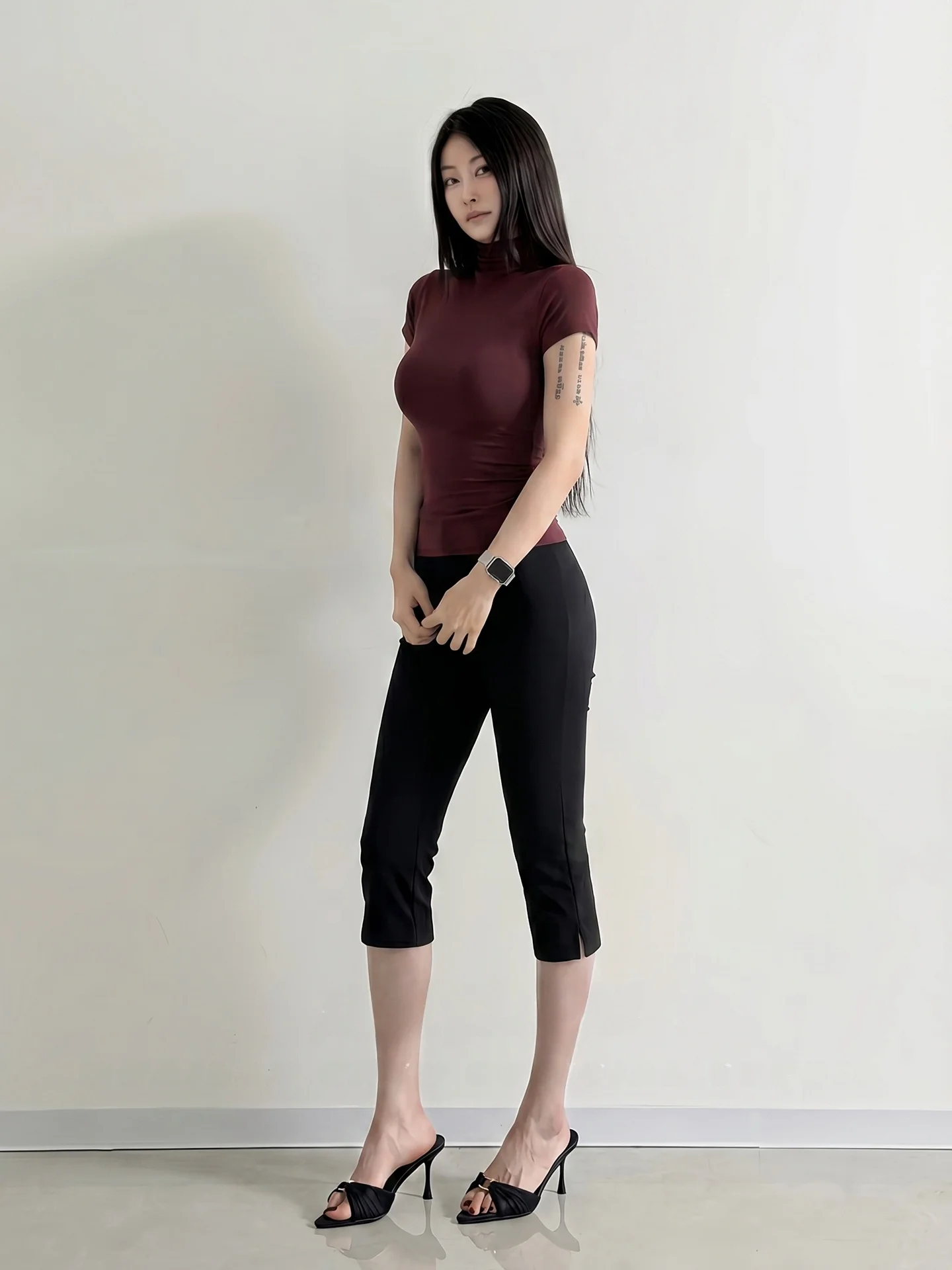 Elastic Suit Fabric Mid-Waist Casual Pants Women Slimming Hip Enhancing Commute Versatile Split Seven-Foot Pants
