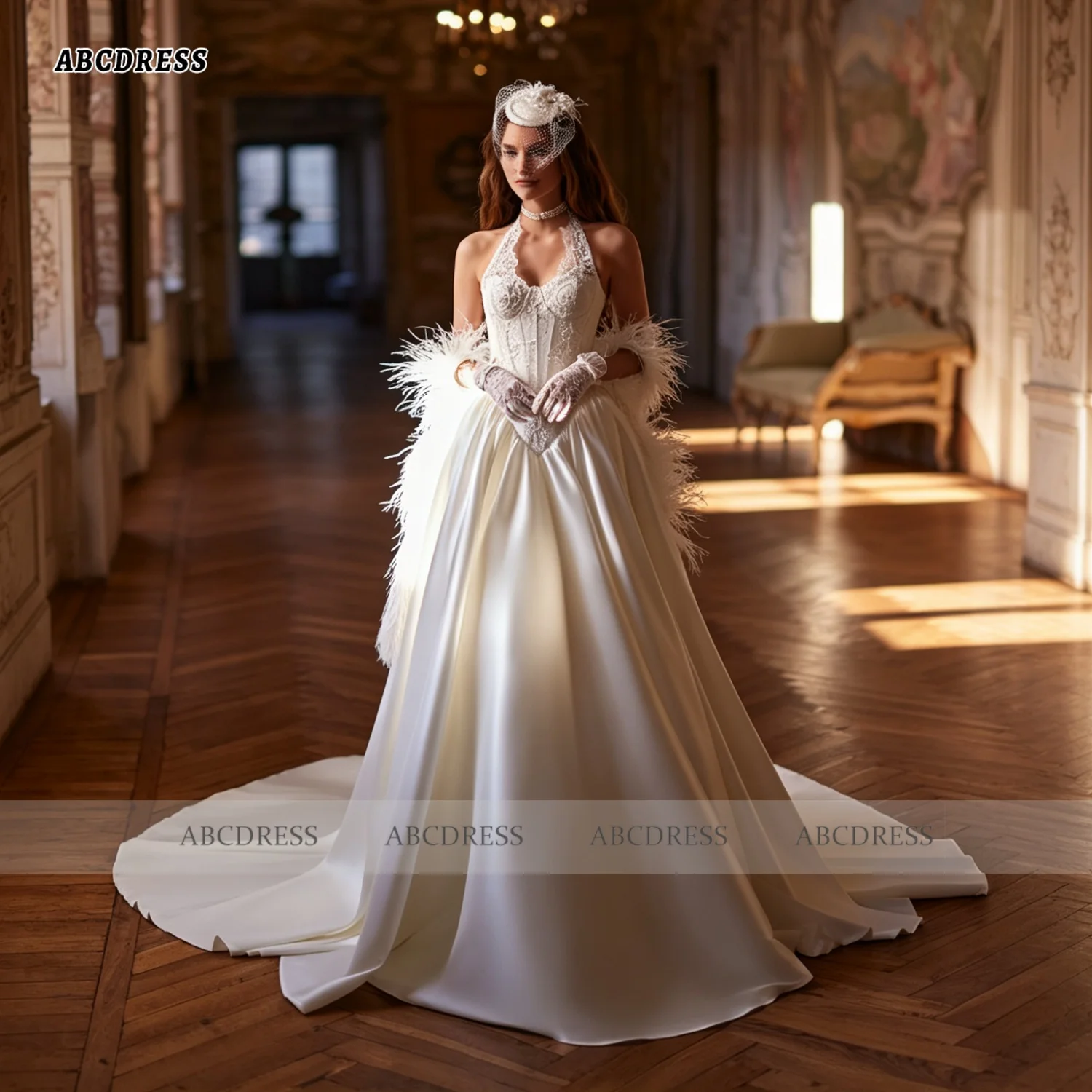 LINDO NOIVA Customized Halter Corset Satin Wedding Dress Basque Waist Ball Gown Chapel Train Vestidos De Novia For Church