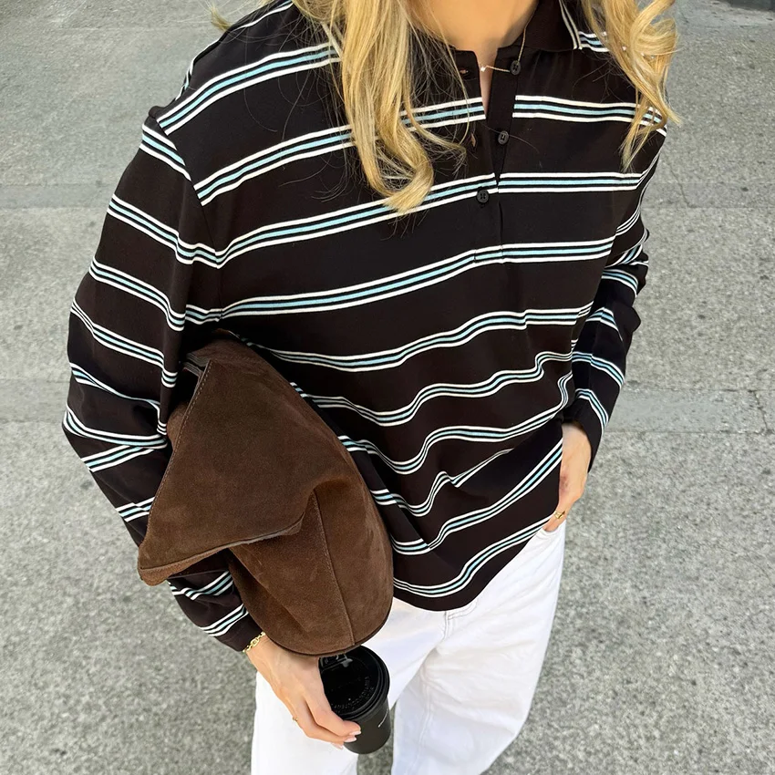

Linad 2025 Street Chic Striped Lapel T Shirts Casual Turn-Down Collar Knit Tees Female Autumn Casual Long Sleeve Blouses Polo