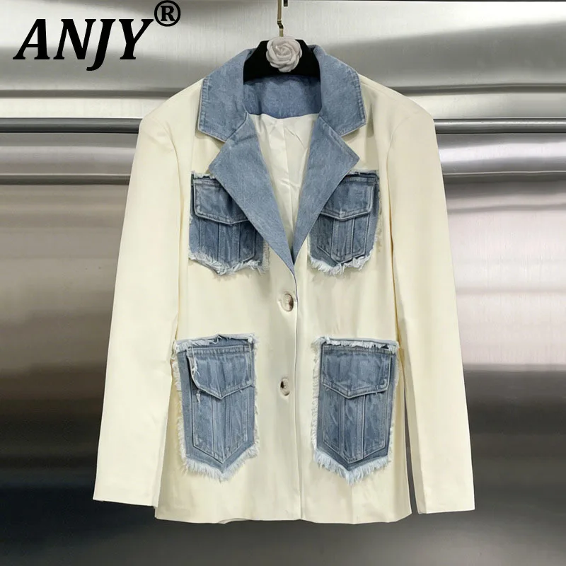 ANJY Spring Autumn New Women European Fashion Denim Patchwork Decorated Blazer Street Chic Casual Color-Block Suit Jacket A18883