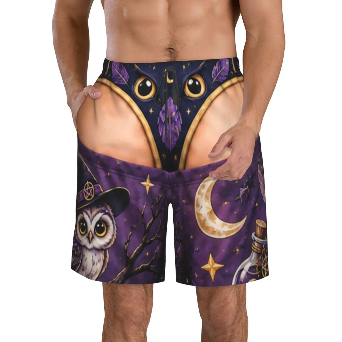 Men's Funny Sexy Halloween Spider Web Spooky Gothic Raven Swim Trunks Hawaiian Bathing Mesh Lining Suit Swimsuits Beach Shorts