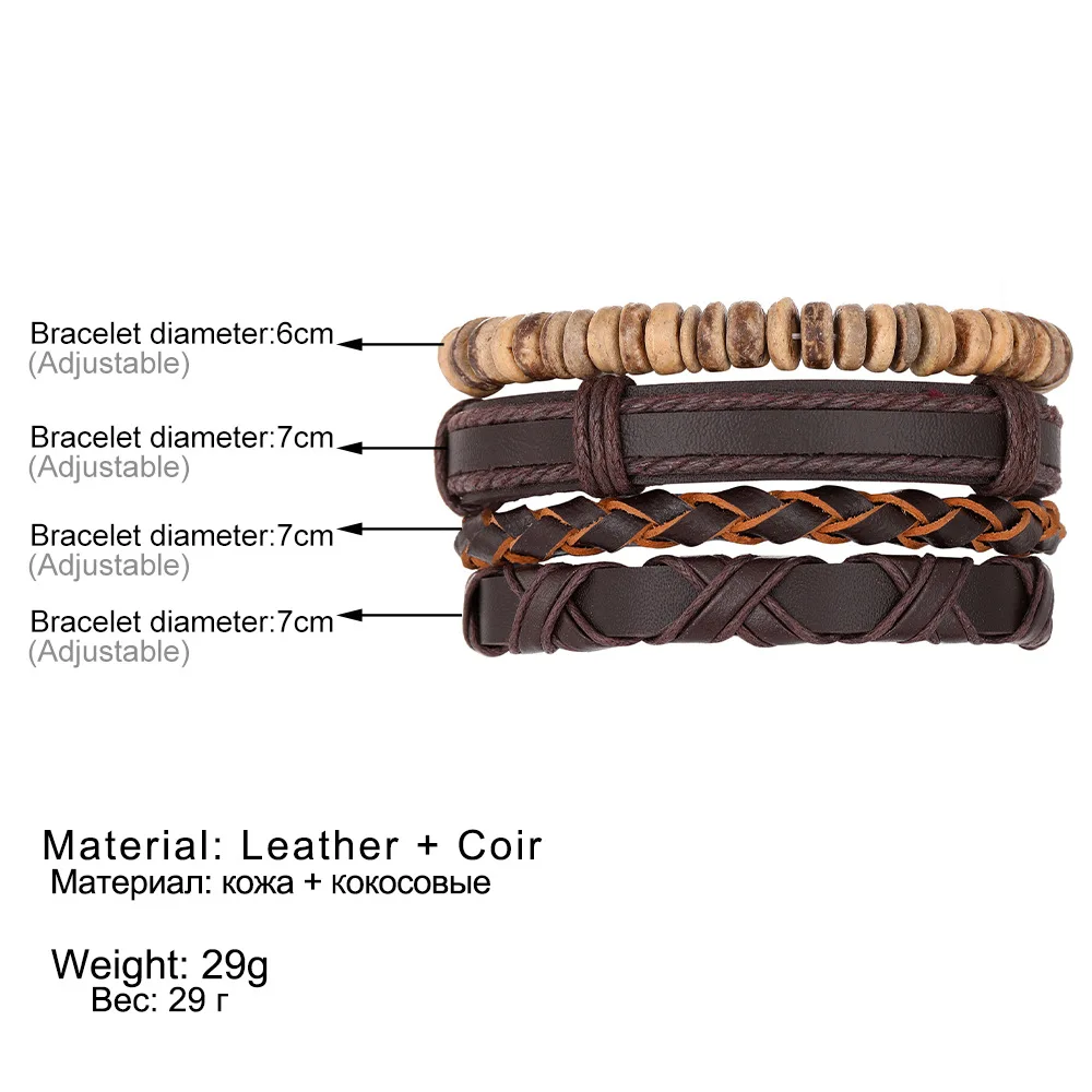 Retro Handgewebte Holzperlen Mehrschichtige Armbänder Hip-Hop Leder Kokosnussschale Herrenarmbänder Modeschmuck Trendige Accessoires – Detail 1