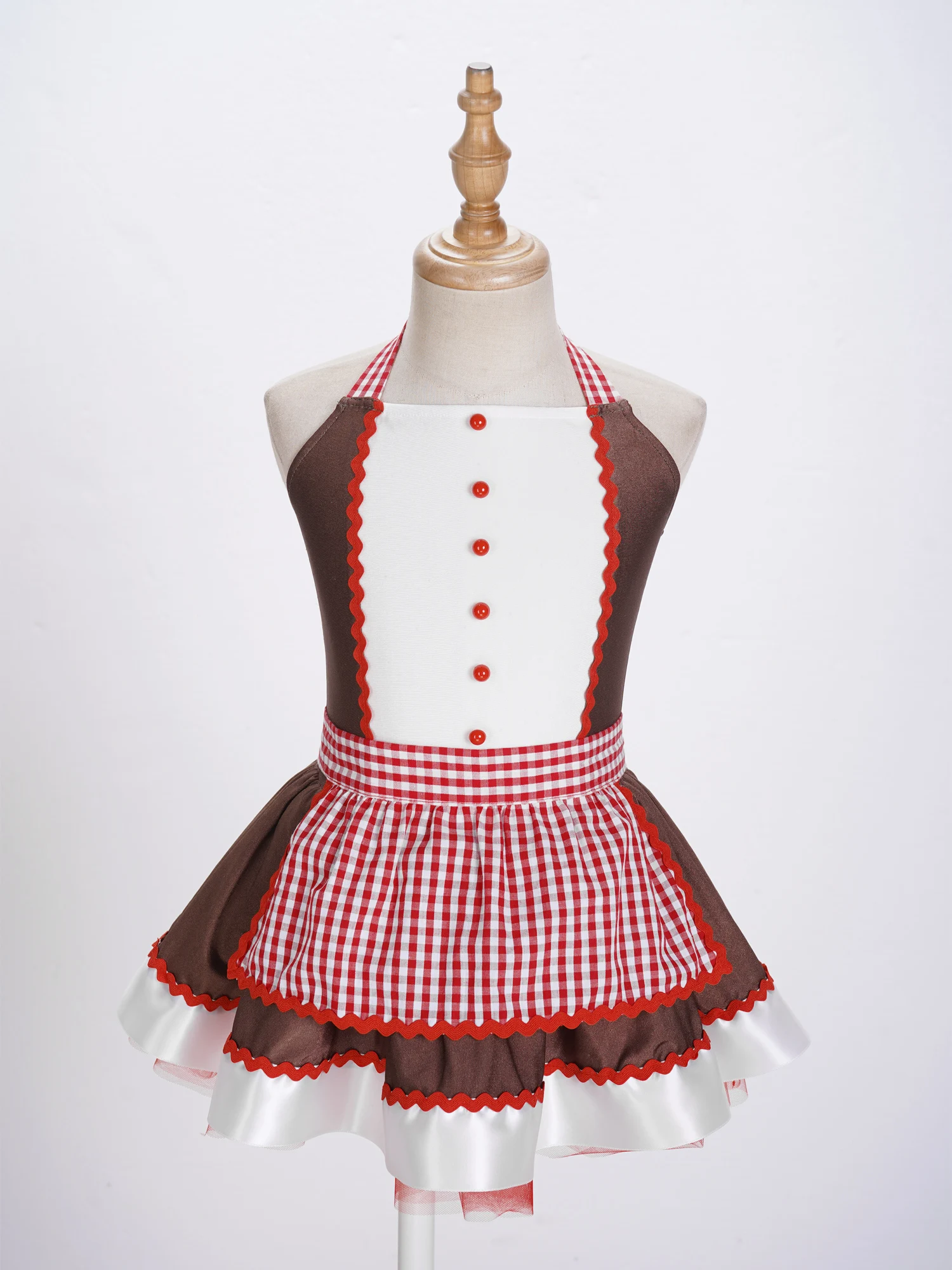 Christmas Maid Gingerbread Dress Uniform Kids Girls Halter Neck Fluffy Skirt Jumpsuit and Plaid Apron for Carnival Party Cosplay