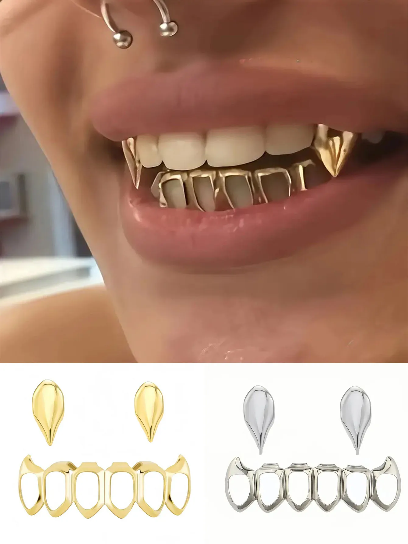 Three-Piece Glossy Small Tiger Tooth Hollowed-Out Hip-Hop Braces, Double Sharp Teeth And Lower Six Teeth Halloween Decoration