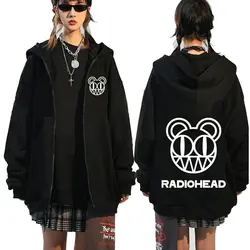 Radiohead logotipo com capuz com zíper masculino, moletom vintage com zíper, jaqueta punk Hip Hop, moletons extragrandes, casacos de banda rock, moda