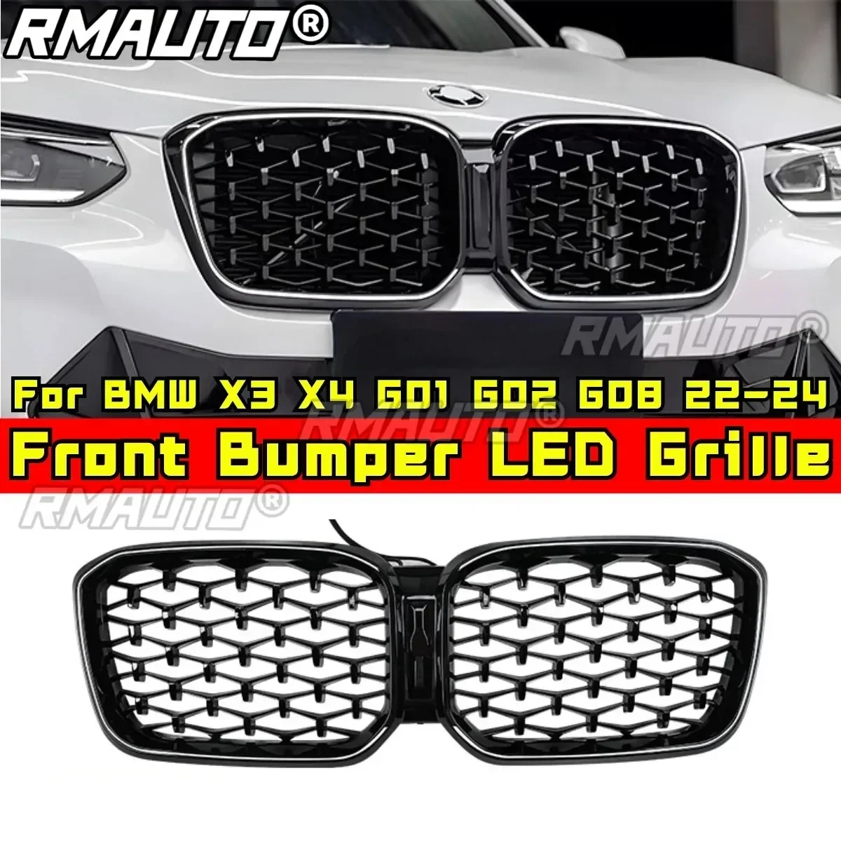 Parrilla de radiador superior delantera de carreras LED para BMW, Kit de carrocería de parrilla de parachoques delantero de coche, modelos X3, X4, X3M, X4M, G01, G02, G08, años 2022 a 2024