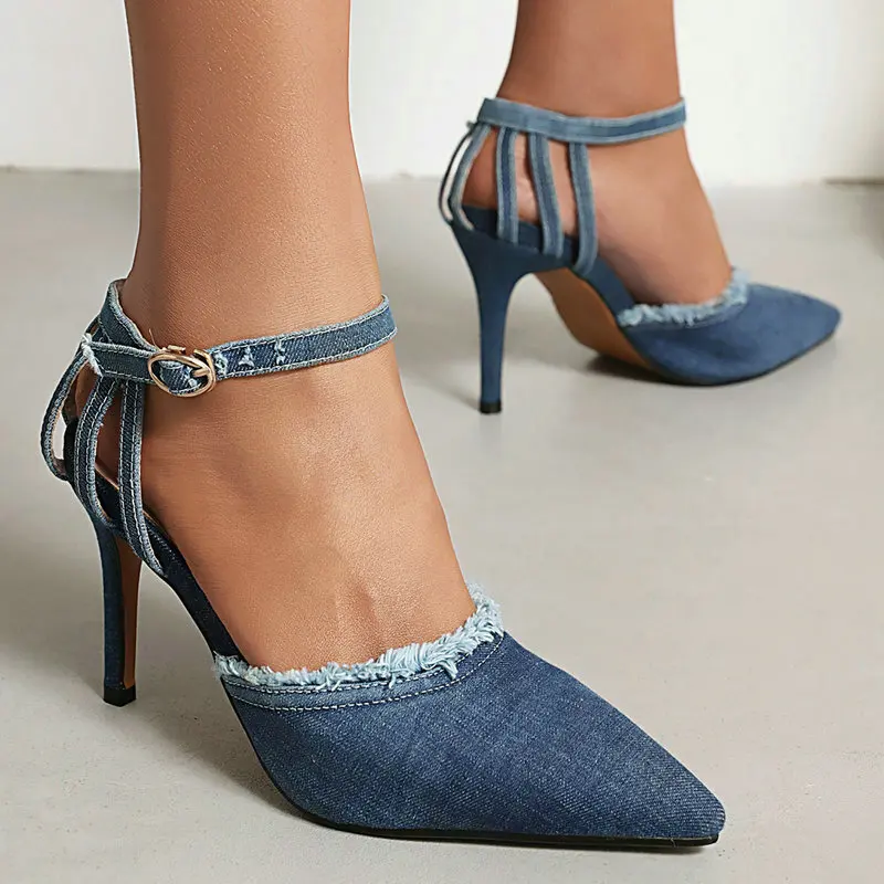 

New Elegant Mature Washed Denim Jeans Pointed Close Toe Summer Ladies Pumps Party Wedding Heels Small Foot Size 33 Women Sandals