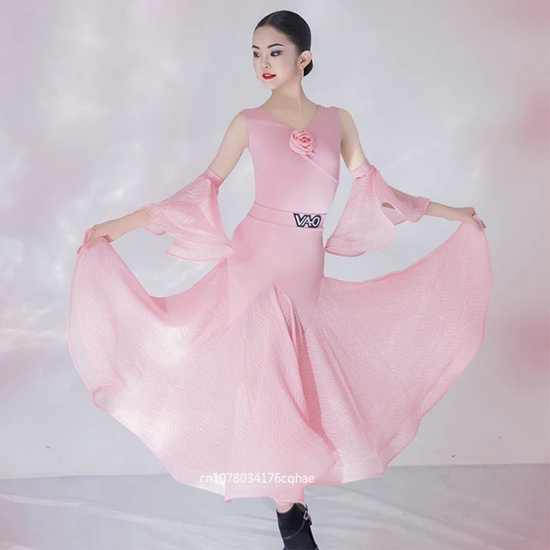 

Girls Ballroom Dancing Competition Dress Kid Waltz Standard Performance Wear Pink Fairyism Bodysuits Breathable Skirt Set XH2320