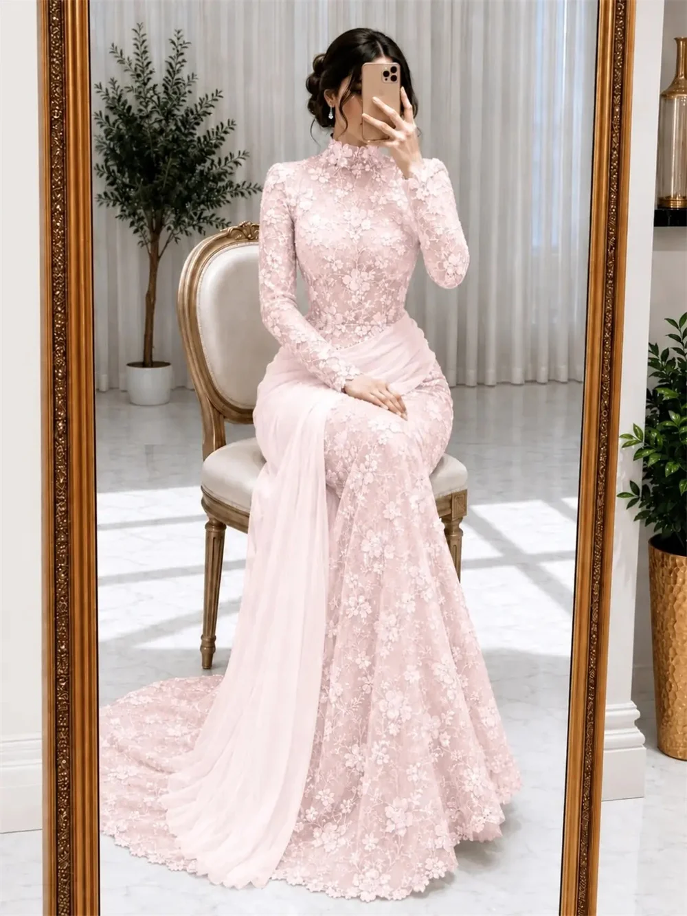 Amanda Customized Chiffon High‑Neck Long Sleeve 3D Floral Lace Mermaid Dresses Evening Gown Draped Modest Elegant Women's dress