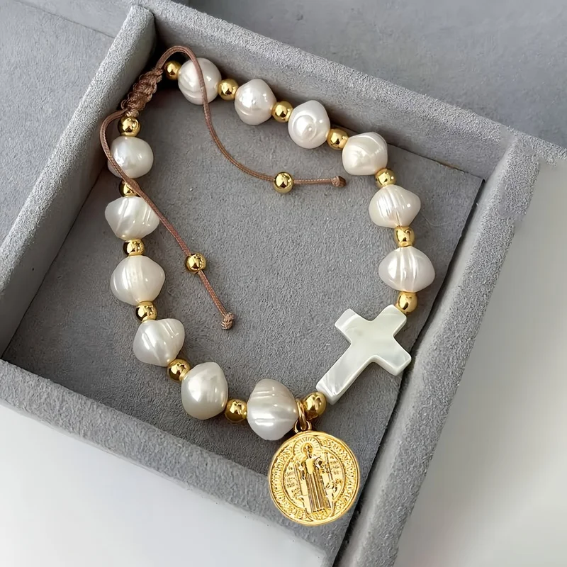 【NEW】1Strip，Niche Virgin Mary Cross Geometric Beaded Adjustable Braided Bracelet，High-quality jewelry，Upgraded Fashion Bracelet，