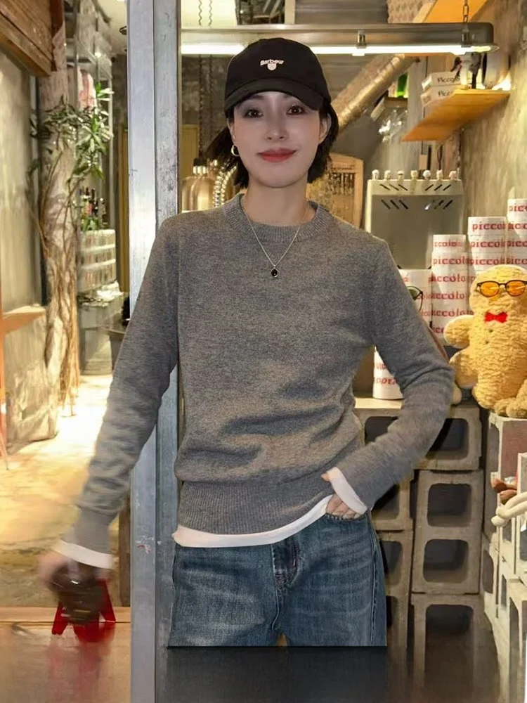

Grey round Neck Wool Sweater Women's Casual Slim Fit Cashmere Shirt Warm Base Layer Top Bebe Home 2025 New Autumn Winter