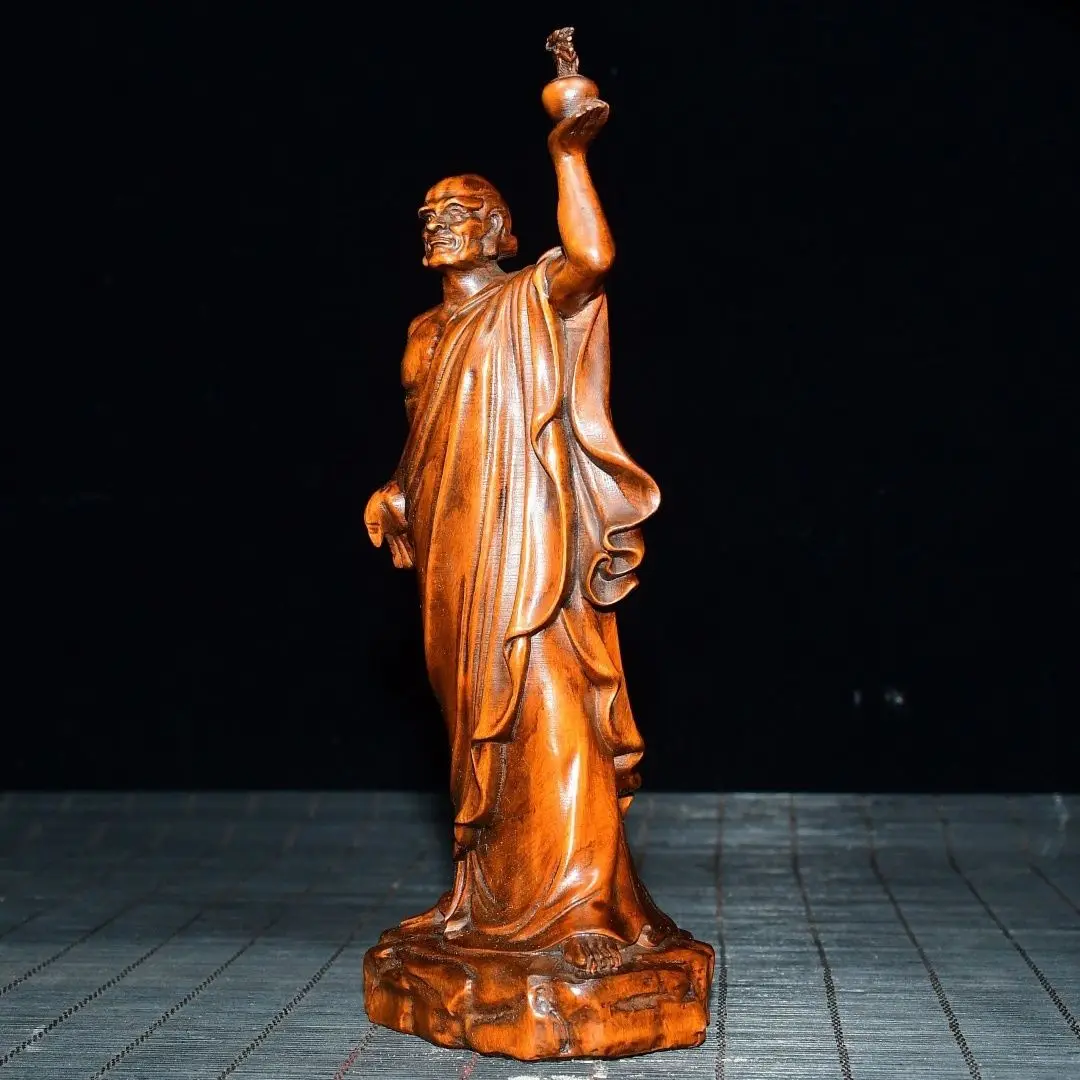 Hand Carved Wood Pagoda-Holding Arhat Statue Figurine Desktop Ornaments Home Decoration