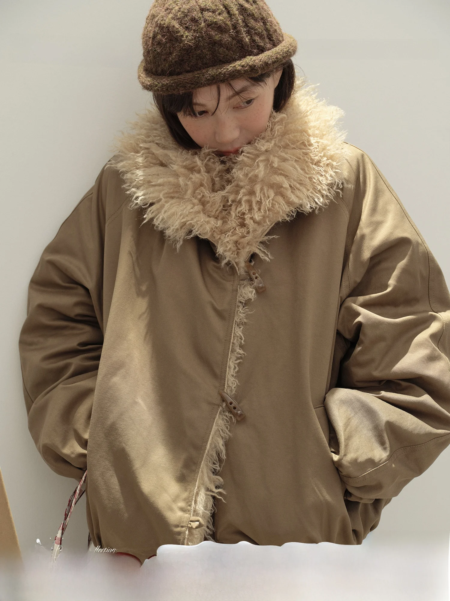 

TIONGTIONG Retro Japanese Sle Women's Cotton Jaet Coat Loose Warmth Fur Collar Button up Long Sve Winter Top