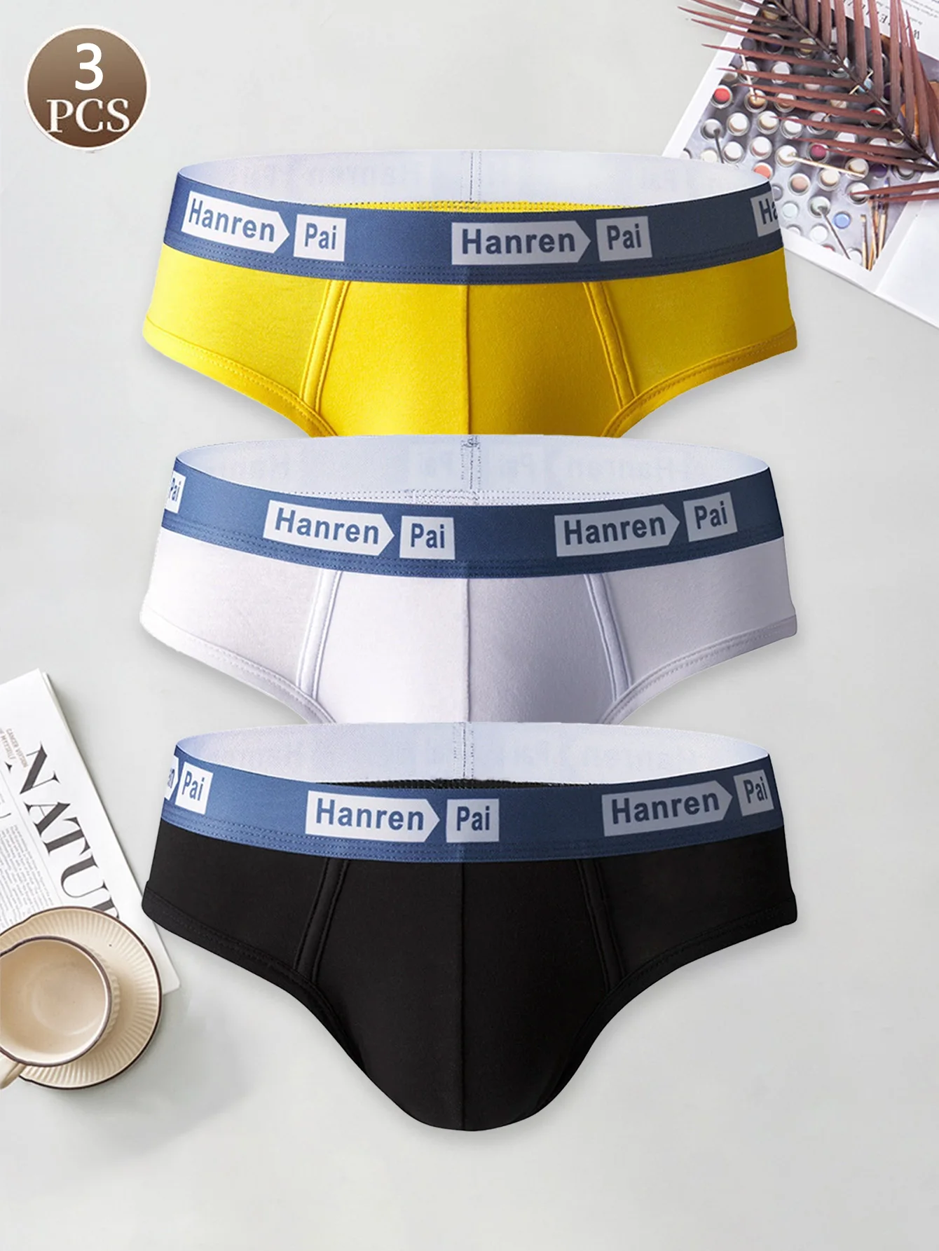 

3 шт. однотонные хлопковые мужские трусы со средней талией, дышащее мужское свободное и удобное простое нижнее белье