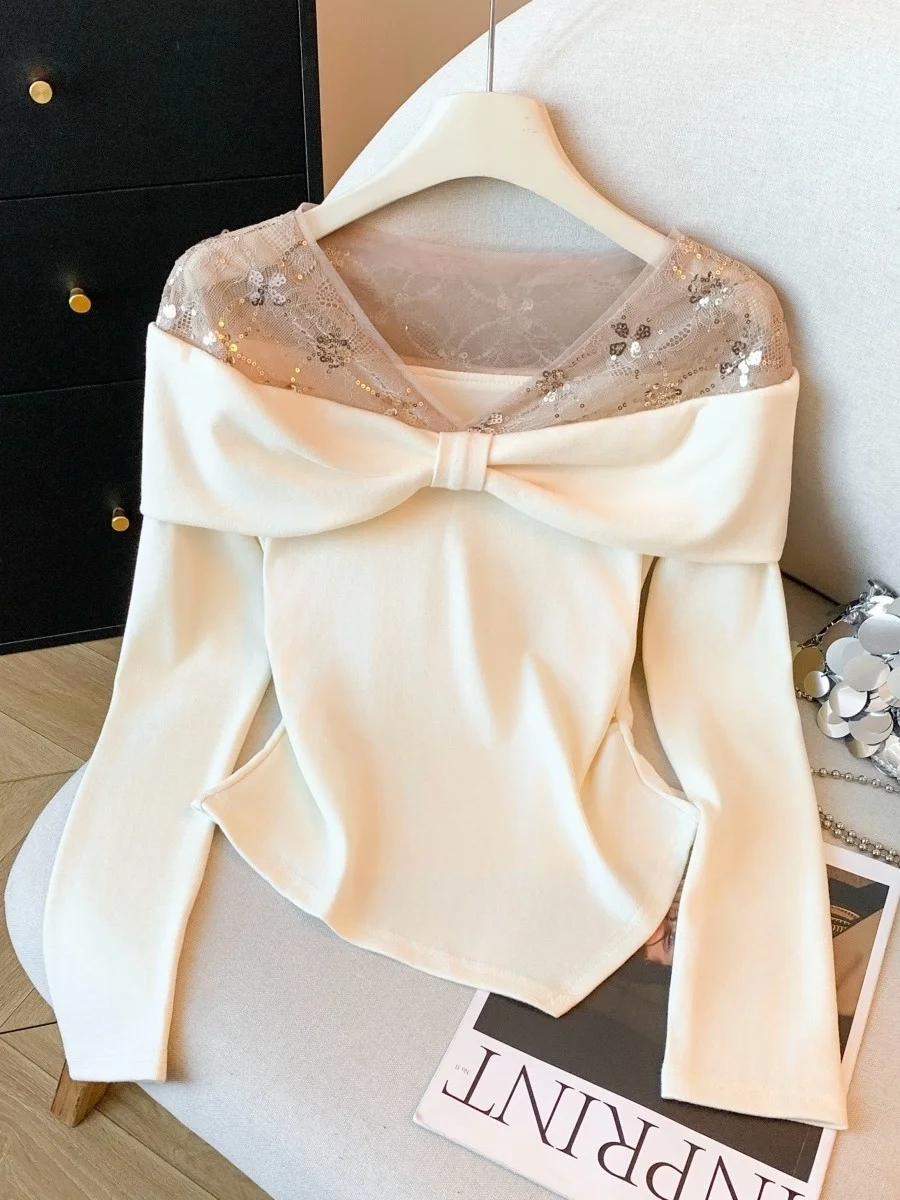 

Изящный кружевной топ с вырезом на плече, женский, весна-осень, удлиненный, стройнящий, милый, модный тренд