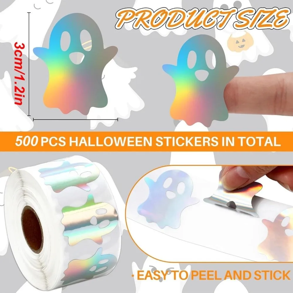 500pcs/roll New Laser Type Halloween Stickers Decorative Paper Waterproof Reflective Labels Ghost Stickers Gift Packaging