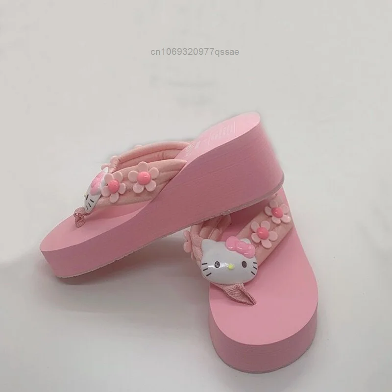 Sanrio Hello Kitty Summer Pink Wedges Flip Flops for Women Y2k Sweet Thick Bottom Anti-slip Slippers Casual Holiday Beach Shoes