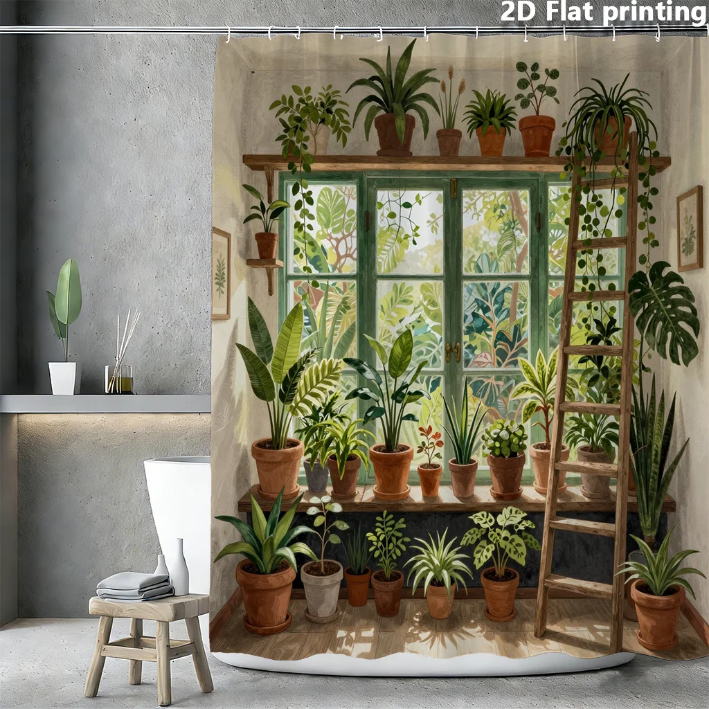 Tropical Jungle Botanical Shower Curtain 180x180cm Waterproof Bathroom Decor Greenhouse Style Printed Curtain Home Bathroom Acce