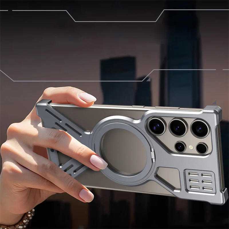 For Samsung Galaxy S23 S24 S25 S26 Ultra Aluminum Alloy Magnetic 360° Bracket Phone Case Metal Heat Dissipation Shockproof Cover