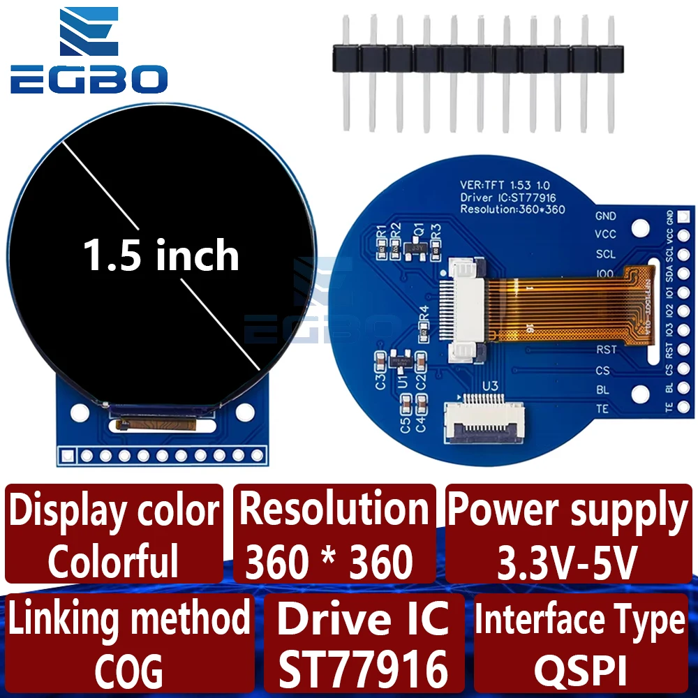 1,53-дюймовый TFT ЖК-экран ST77916 небольшой экран с разрешением 360x360 пикселей ЖК-круглый экран Цветной экран QSPI для Arduino 1,53-дюймовый TFT ЖК-экран ST77916 небольшой экран с разрешением 360x360 пикселей ЖК-круглый экран Цветной экран QSPI для Arduino