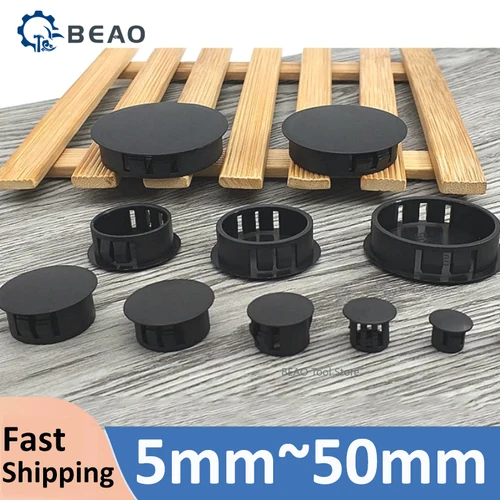 Imagen 1 del producto Tapón con orificio a presión de nailon negro, tapa con orificio para muebles de gabinete, cubierta decorativa, cubiertas para tapones de tubería de 5MM ~ 50MM