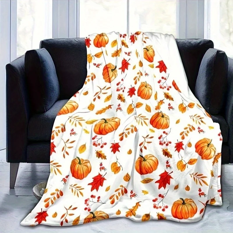 Autumn Leaves and Pumpkin Print Flannel Blanket, Soft and Warm for Sofa, Office, Bed, Camping, Travel, Multi-Purpose Holiday Gift