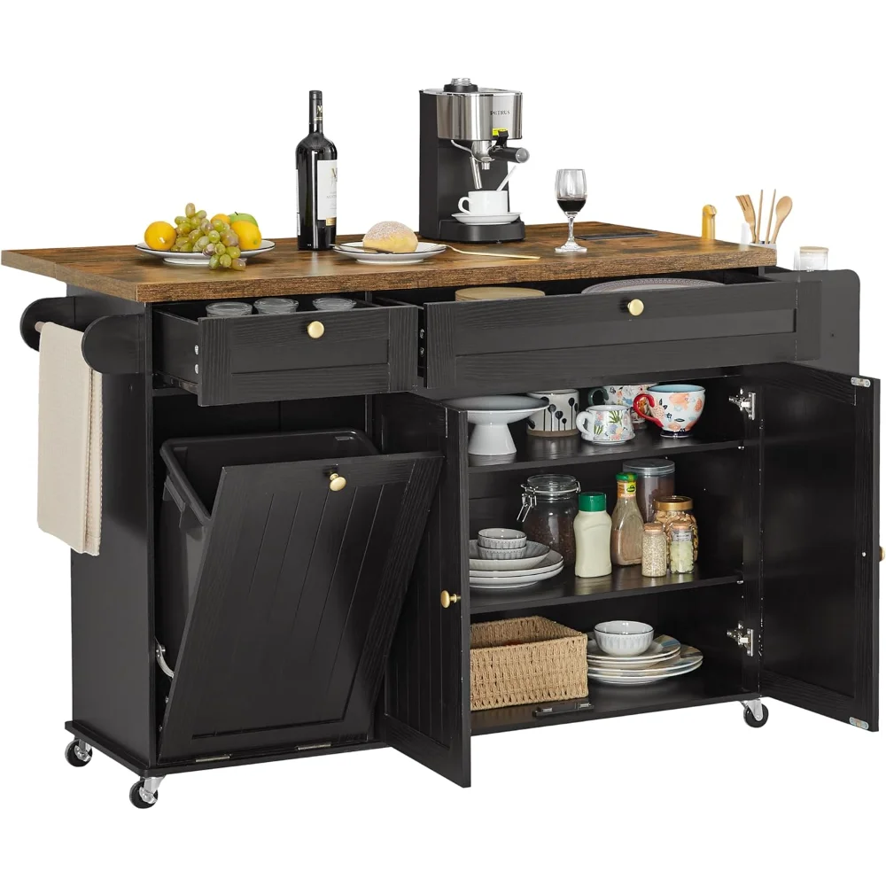 

60" Kitchen Island with Power Outlet & Drop Leaf, Kitchen Rolling Island with Spice Rack & Towel Rack, Knife Holder