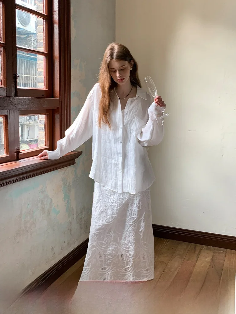 

Новая женская льняная рубашка ZHU с длинным рукавом, белая, летняя, свободного кроя, универсальная, повседневная, модная, простой дизайн