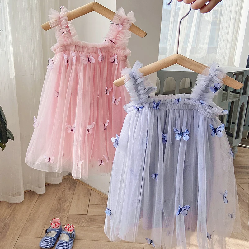 Baby Girls Dress Princess Tulle Puffy Skirts Strapless Butterfly Embroidery Korean Summer Toddler Dress Kids Girls Beach Dresses