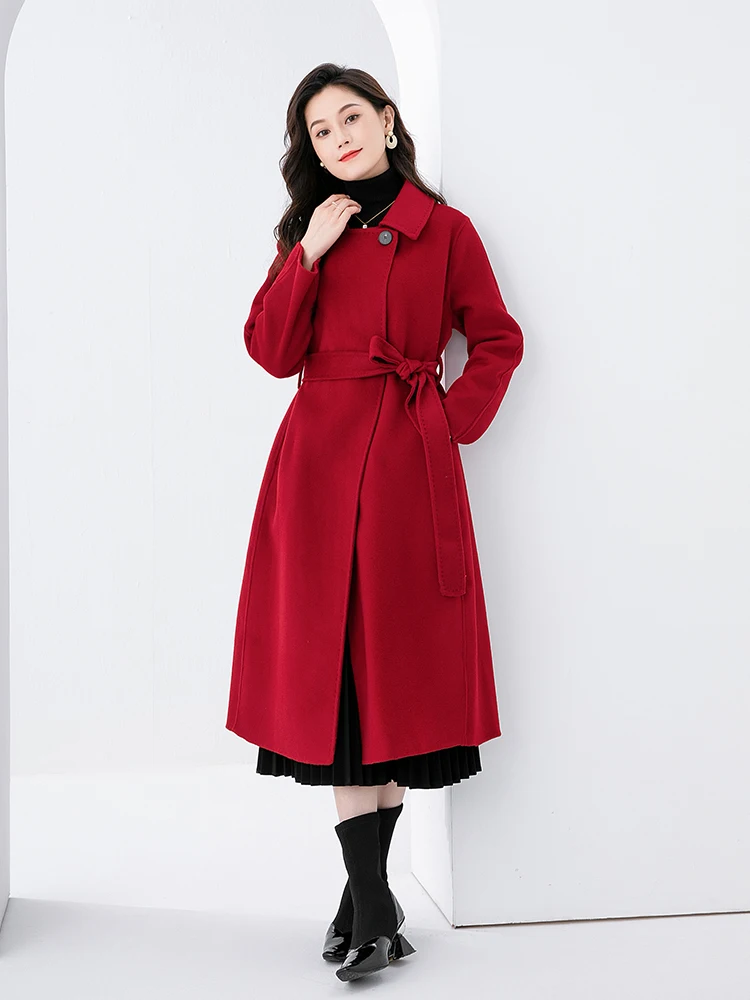 

Wine red double-sided cashmere woolen coat for women's winter new mid length Korean version slimming high-end woolen coat