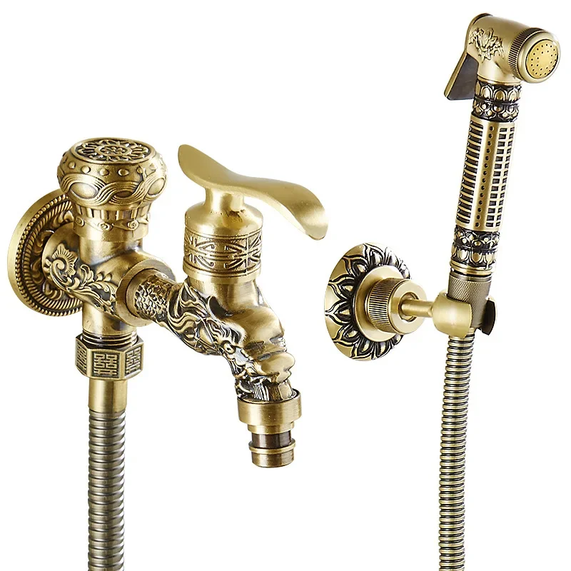 Antique Carved Bidet Faucet Wall Mounted Brass Bathroom Shower Toilet Washing machine Faucet Cold Water with Hand shower Bracket