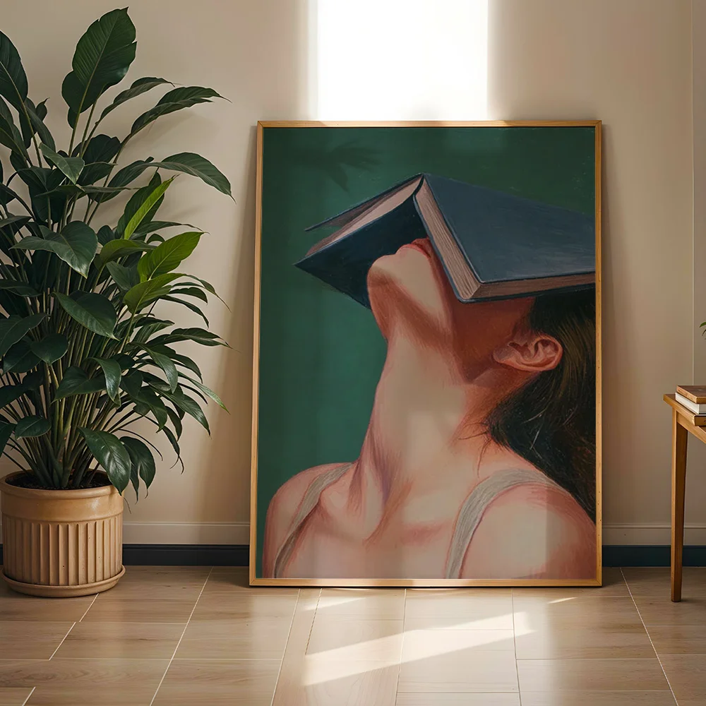 Surreal Woman With Book Covering Face Canvas Poster Wall Art,2D Print Wall Decor,Niche Art Home Decoration Gift For Living Room
