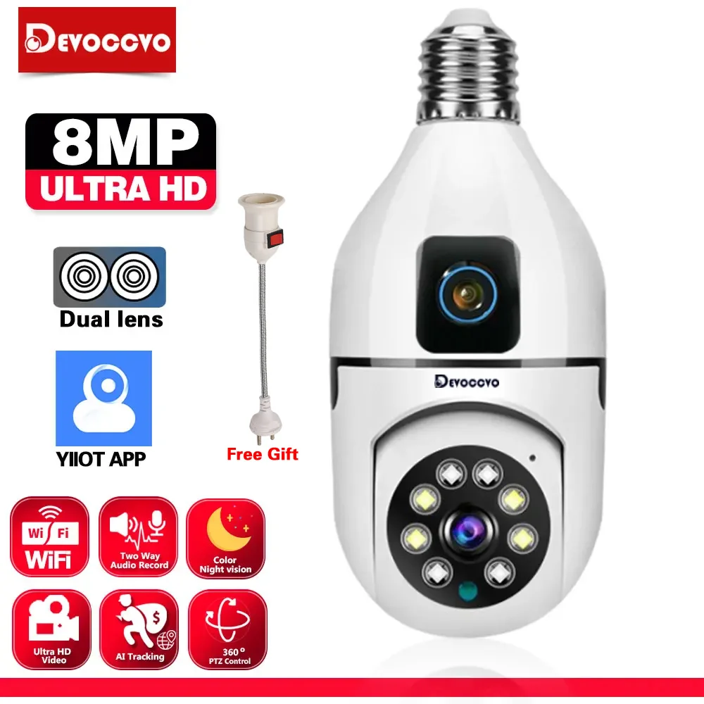 4K 8MP E27 Bulb WiFi Camera Dual Lens Dual Screen Auto Tracking Two Way Audio Color Night Vision 4MP Surveillance Camera YIIOT