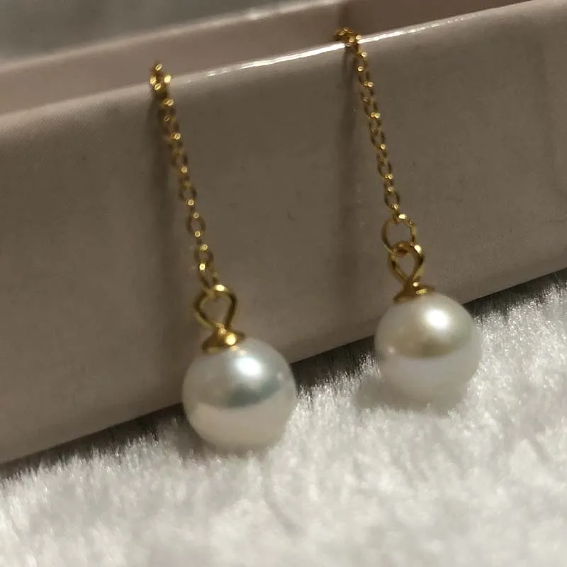 ELEISPL JEWELRY Lots 5 Pairs 7-8mm Round FW Pearl Dangle Earrings Gold Chain  #2300132－1