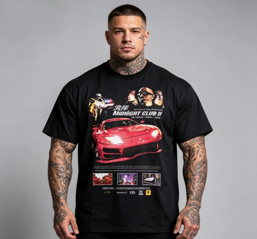 2026 new Black oversized cotton T-shirt with white top featuring super sports car center print and scene panel pattern T-shirt